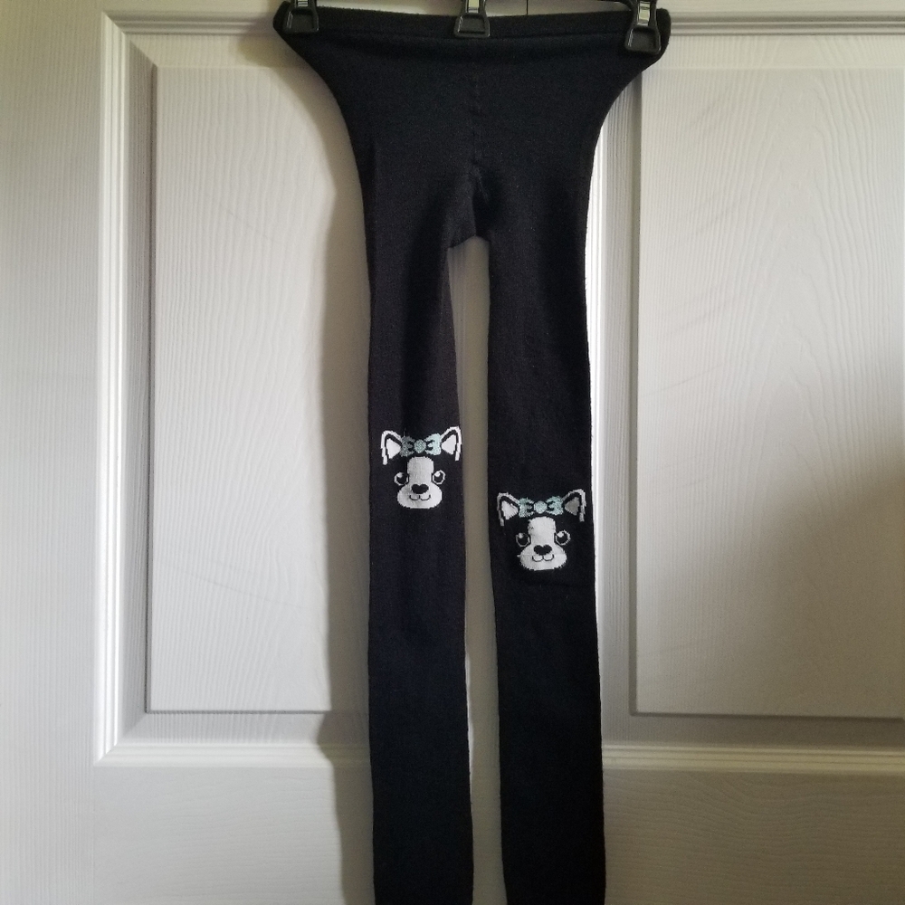Target Girl's Tights 7-10 Black Teal French Bulldog Bow New Cute Scene Stretch